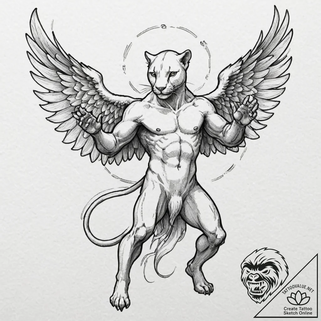 Angel panther in battle stance, tattoo flash... - tattoo sketch (№1752502058_0, 14.07.2025 14:07) — tattoovalue.net