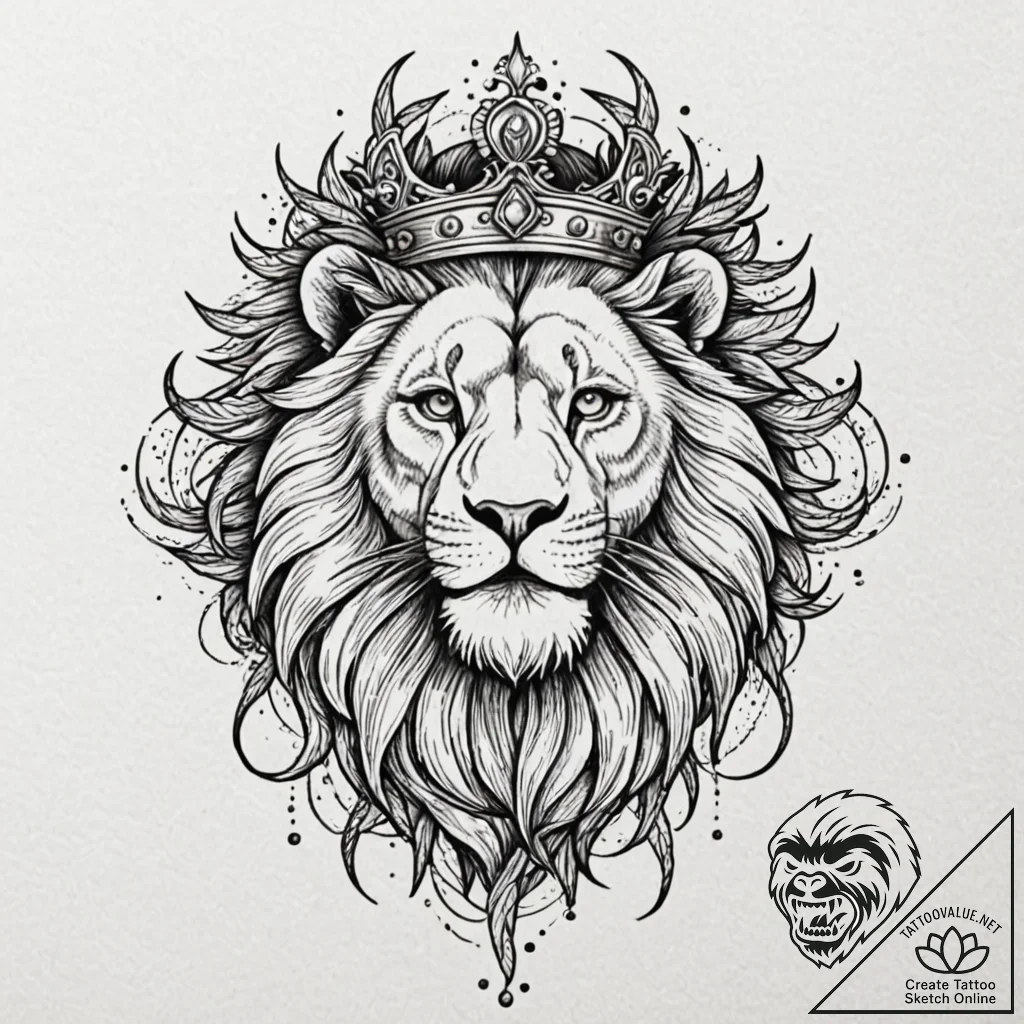 Ashen lion with crown of thorns, tattoo drawi... - tattoo sketch (№1752503505_0, 14.07.2025 14:31) — tattoovalue.net