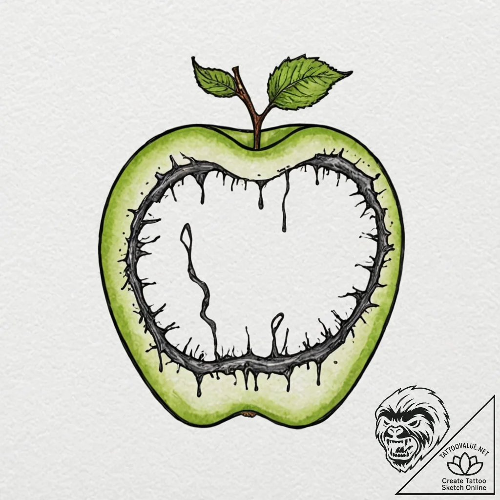Rotted apple with a worm crawling through it,... - tattoo sketch (№1752503677_0, 14.07.2025 14:34) — tattoovalue.net