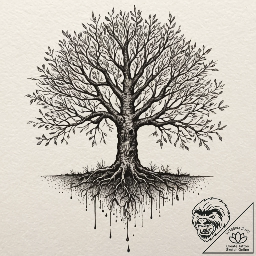 Beech tree with deep, visible roots, ink illu... - tattoo sketch (№1752504700_0, 14.07.2025 14:51) — tattoovalue.net