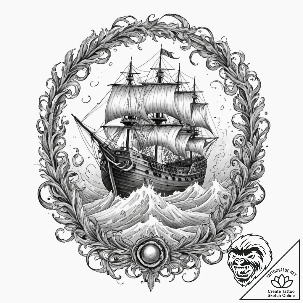 Galleon ship caught in a maelstrom, fighting... - tattoo sketch (№1752505042_0, 14.07.2025 14:57) — tattoovalue.net