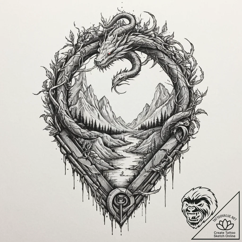 Quartz serpent beneath shattered gate, tattoo... - tattoo sketch (№1752505303_0, 14.07.2025 15:01) — tattoovalue.net