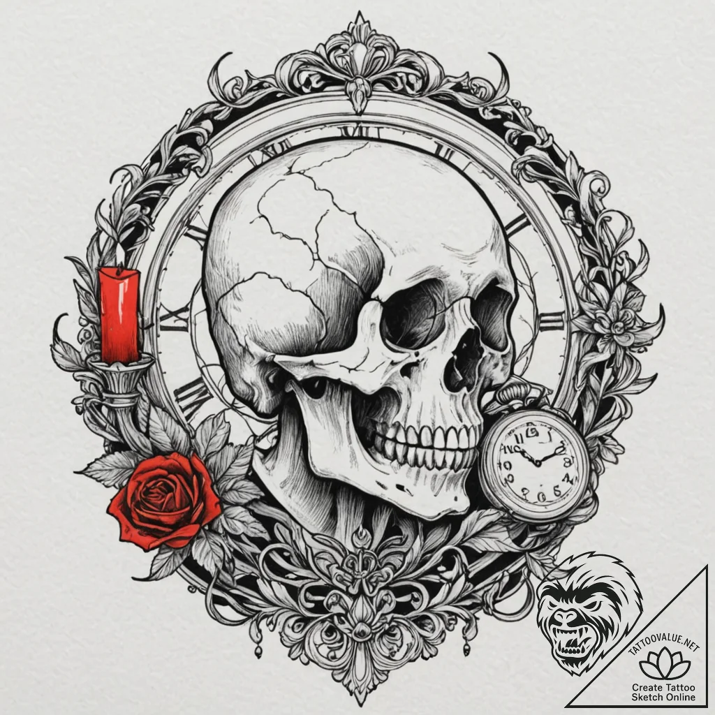 Memento mori: a skull, a watch, and a snuffed... - tattoo sketch (№1752505387_0, 14.07.2025 15:03) — tattoovalue.net