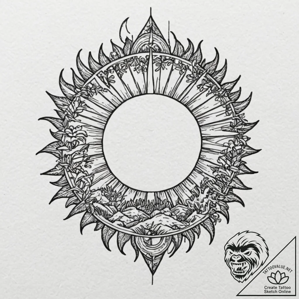 Jungle relic beneath eclipsed sun, tattoo ske... - tattoo sketch (№1752505472_0, 14.07.2025 15:04) — tattoovalue.net