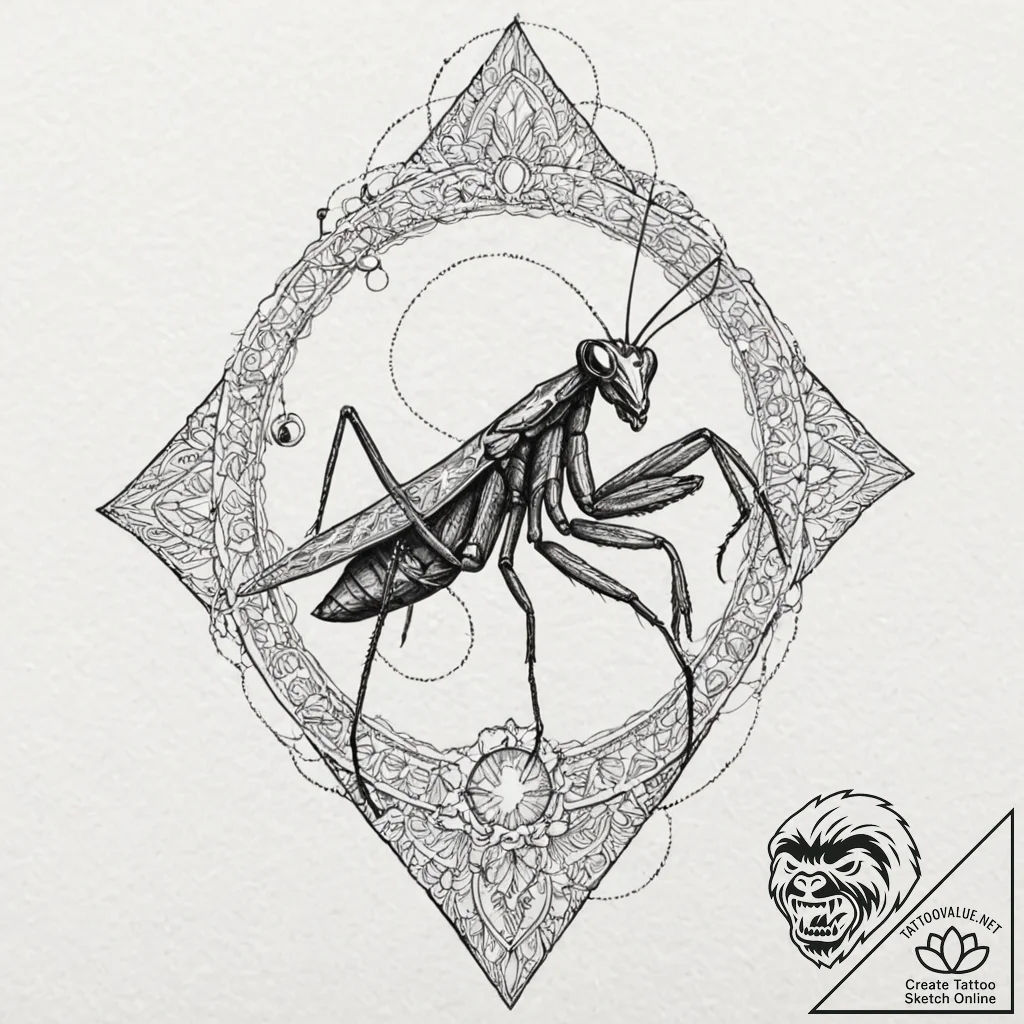 Mantis claw beneath celestial eye, tattoo lin... - tattoo sketch (№1752506157_0, 14.07.2025 15:15) — tattoovalue.net