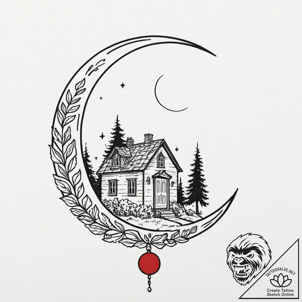 Tiny house perched on the edge of a crescent... - tattoo sketch (№1752506327_0, 14.07.2025 15:18) — tattoovalue.net