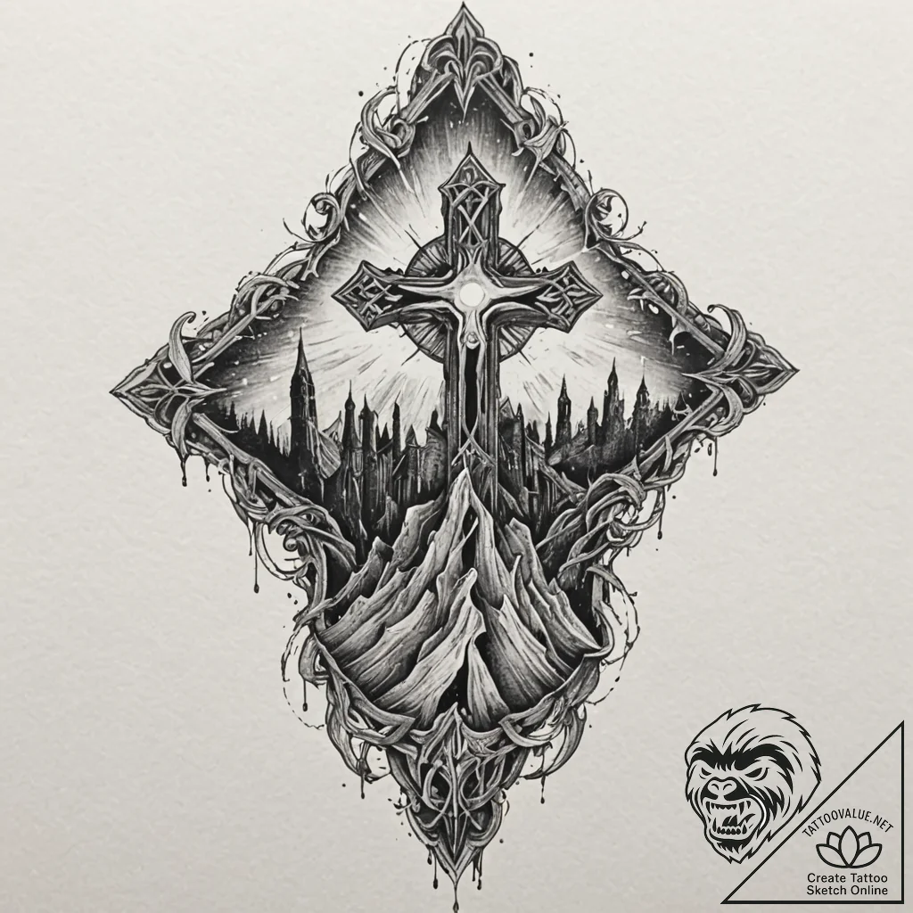 Ghost relic through shattered spire, tattoo f... - tattoo sketch (№1752506412_0, 14.07.2025 15:20) — tattoovalue.net
