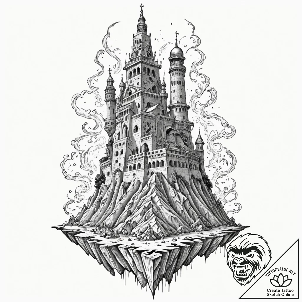 Tower of babel, unfinished and crumbling, con... - tattoo sketch (№1752508037_0, 14.07.2025 15:47) — tattoovalue.net