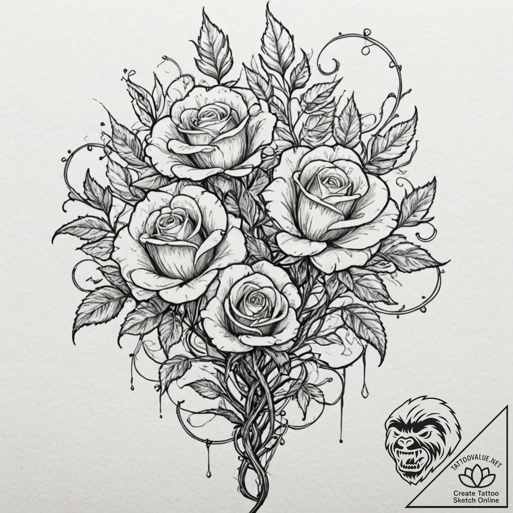Burning roses entwining skeletal tree, ink il... - tattoo sketch (№1752508123_0, 14.07.2025 15:48) — tattoovalue.net