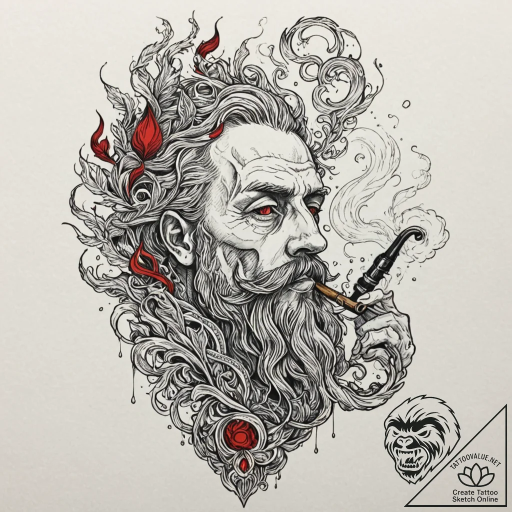 Smoking pipe with smoke forming a ghost, conc... - tattoo sketch (№1752510771_0, 14.07.2025 16:32) — tattoovalue.net