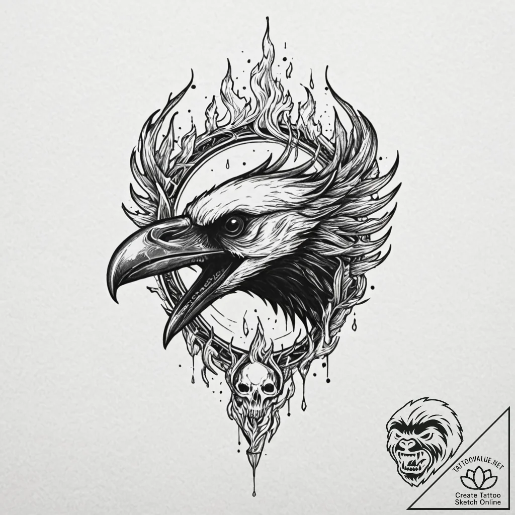 Raven skull devouring celestial flame, concep... - tattoo sketch (№1752510856_0, 14.07.2025 16:34) — tattoovalue.net