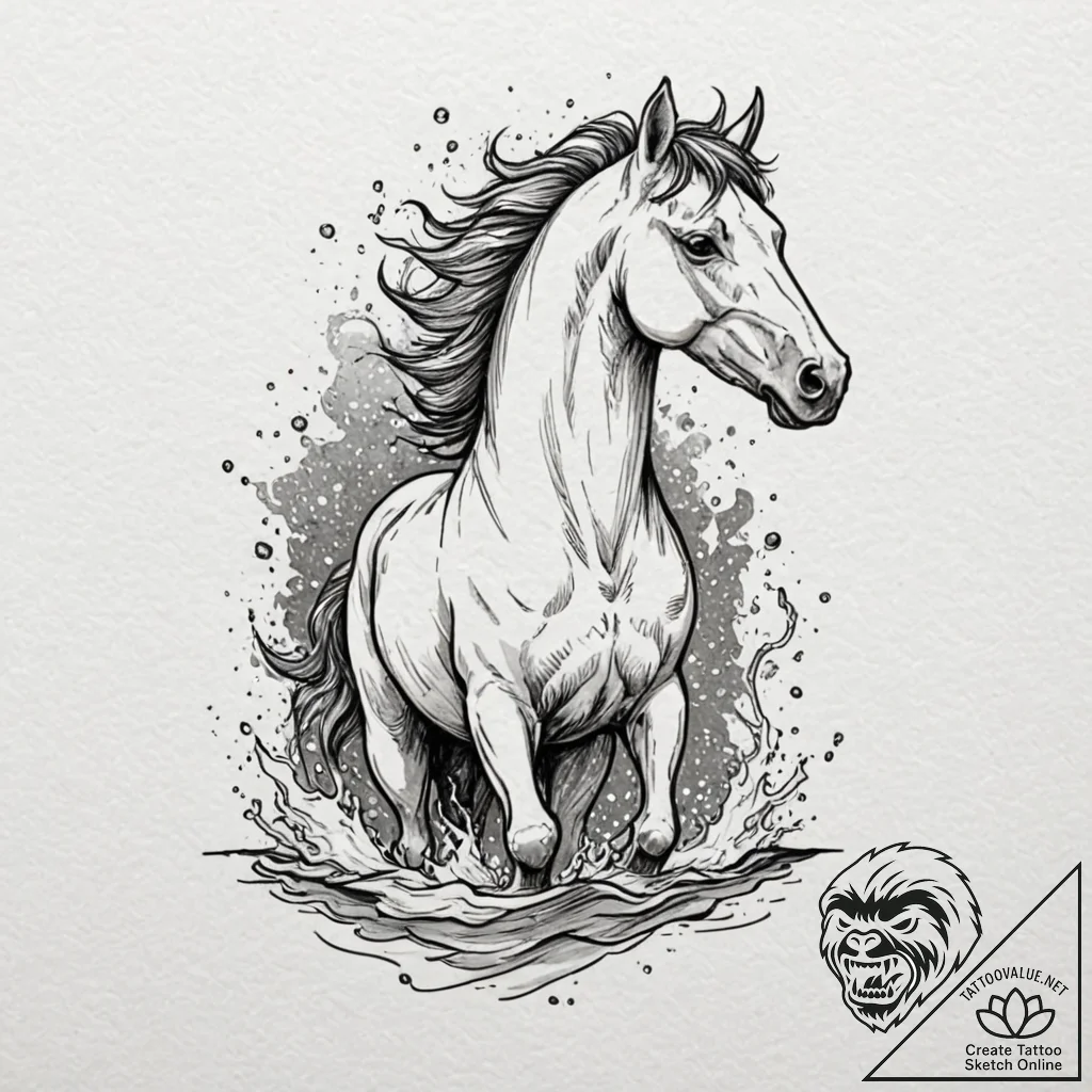 Kelpie horse emerging from water, tattoo flas... - tattoo sketch (№1752511795_0, 14.07.2025 16:49) — tattoovalue.net