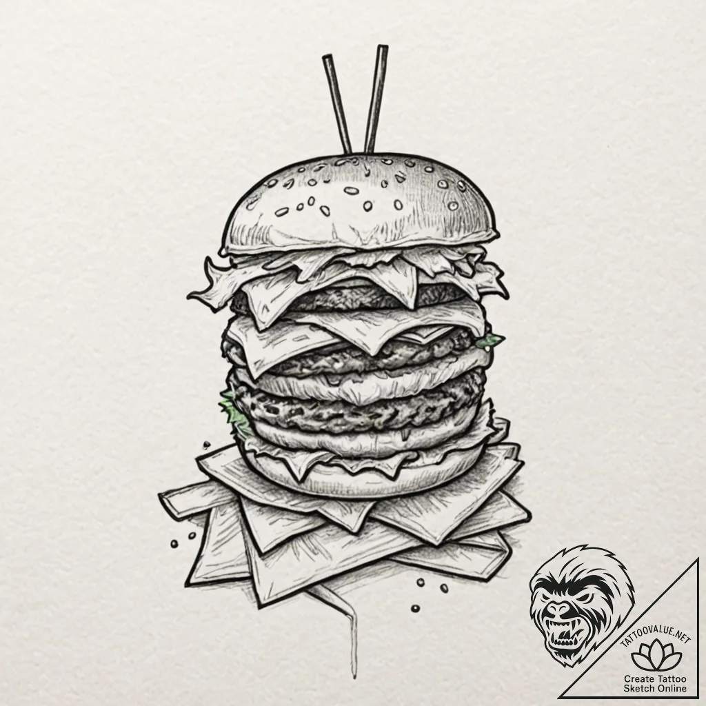 A quirky burger with fries and a milkshake, m... - tattoo sketch (№1752512477_0, 14.07.2025 17:01) — tattoovalue.net