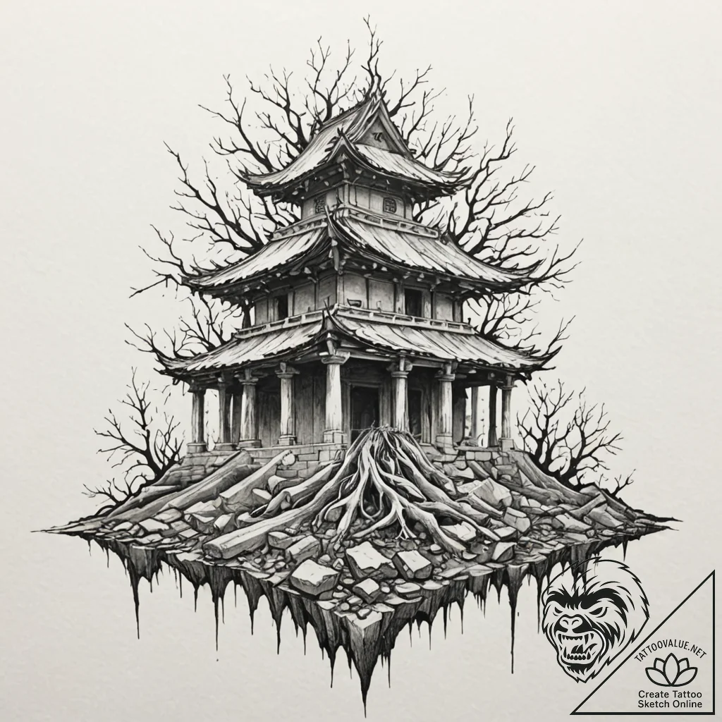 Bone roots beneath shattered temple, concept... - tattoo sketch (№1752512648_0, 14.07.2025 17:04) — tattoovalue.net