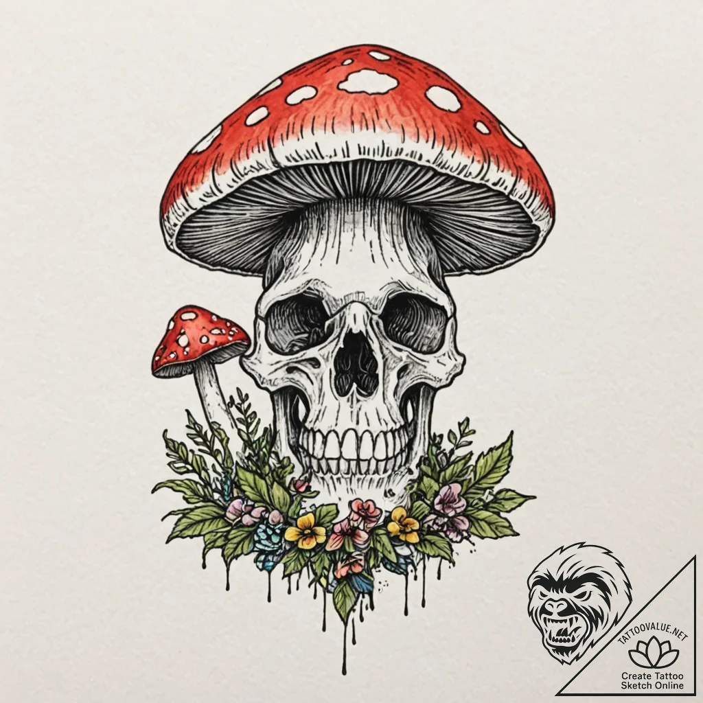 Mushroom blooming from skull, artistic tattoo... - tattoo sketch (№1752513589_0, 14.07.2025 17:19) — tattoovalue.net