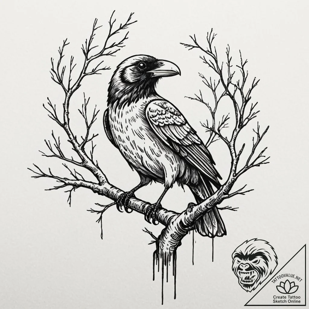 Three-eyed raven perched on a branch, tattoo... - tattoo sketch (№1752514271_0, 14.07.2025 17:31) — tattoovalue.net