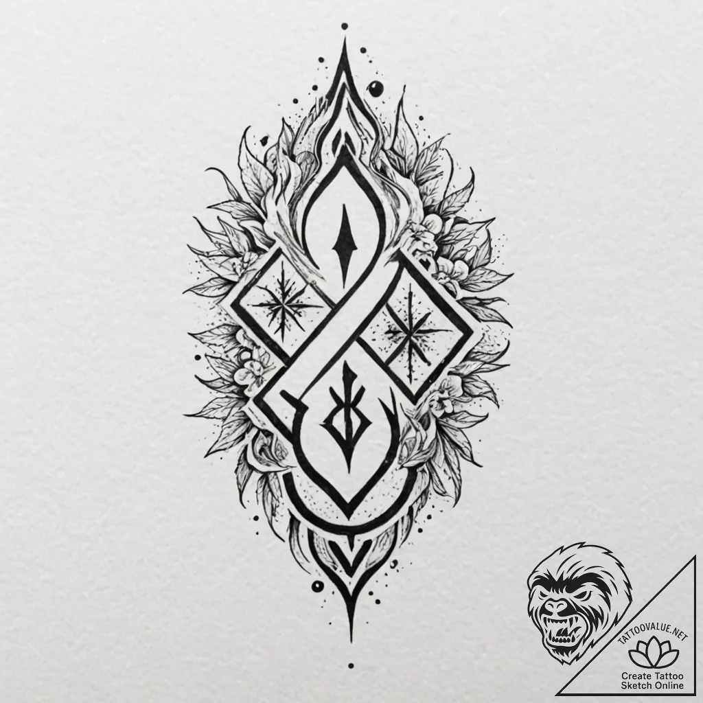 Xiphos runes burning through mist, tattoo fla... - tattoo sketch (№1752514673_0, 14.07.2025 17:37) — tattoovalue.net
