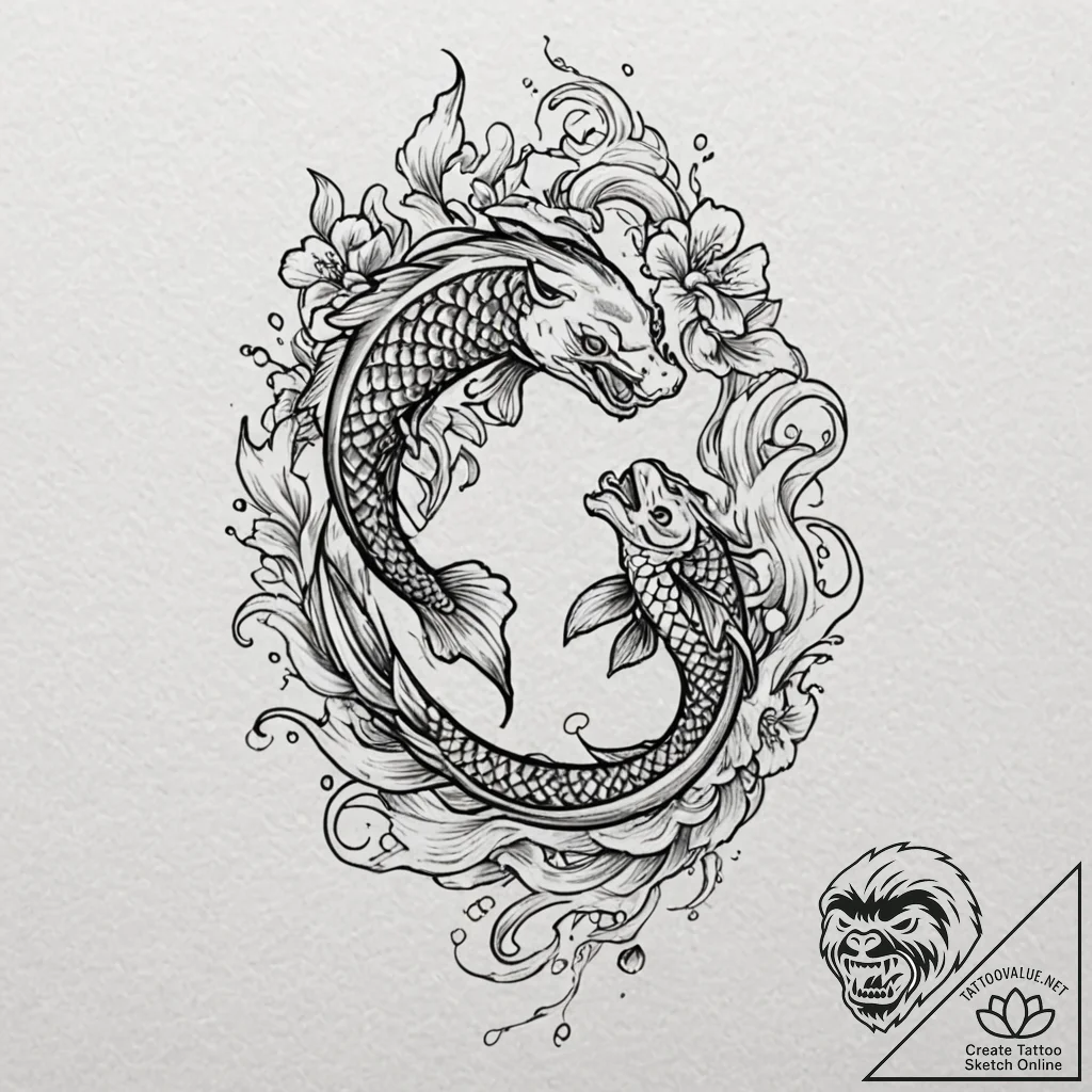 Koi fish swimming through flames, tattoo draw... - tattoo sketch (№1752516212_0, 14.07.2025 18:03) — tattoovalue.net