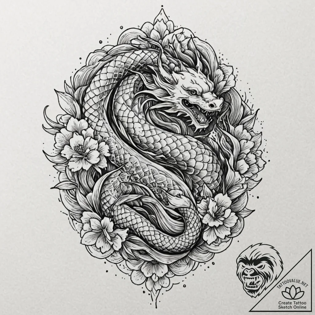 Bone serpent beneath frozen lake, tattoo line... - tattoo sketch (№1752516460_0, 14.07.2025 18:07) — tattoovalue.net