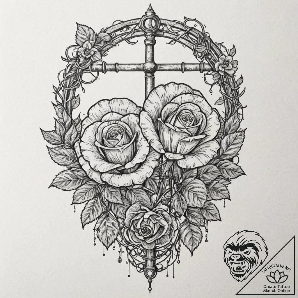 Fallen rose beneath fractured gate, ink illus... - tattoo sketch (№1752516547_0, 14.07.2025 18:09) — tattoovalue.net