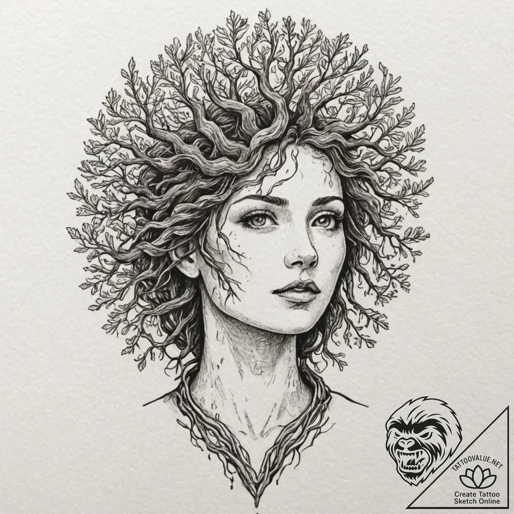 Dryad merging with an ancient oak tree, artis... - tattoo sketch (№1752517576_0, 14.07.2025 18:26) — tattoovalue.net