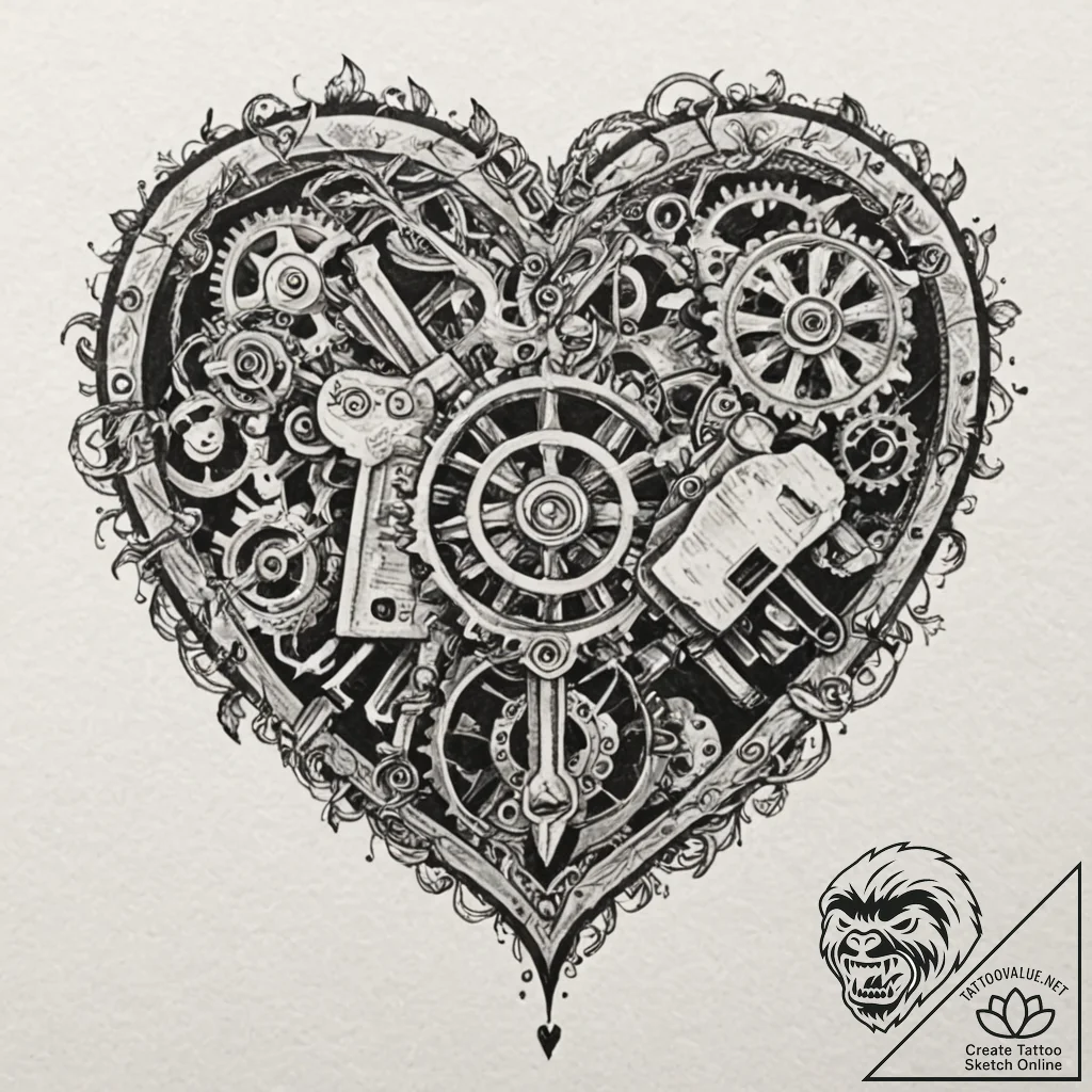 Gear-filled heart with a key in its center, t... - tattoo sketch (№1752518005_0, 14.07.2025 18:33) — tattoovalue.net