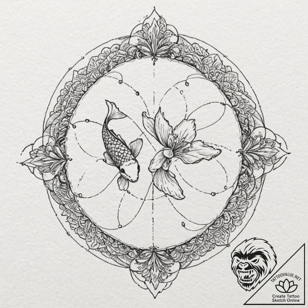 Orange koi circling lily pond, tattoo sketch... - tattoo sketch (№1752518347_0, 14.07.2025 18:39) — tattoovalue.net
