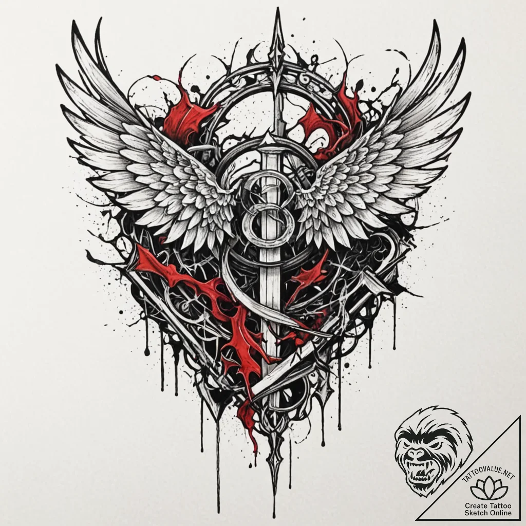Graven wings beneath shattered gate, tattoo l... - tattoo sketch (№1752518433_0, 14.07.2025 18:40) — tattoovalue.net