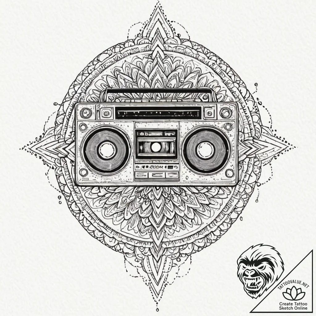 Boombox playing a cassette tape, emitting neo... - tattoo sketch (№1752518771_0, 14.07.2025 18:46) — tattoovalue.net