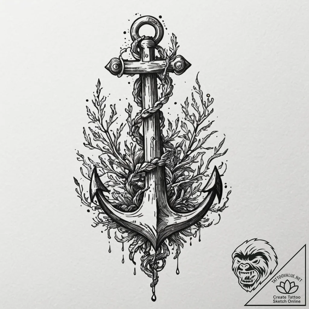Abyssal anchor entangled in ghostly seaweed,... - tattoo sketch (№1752519374_0, 14.07.2025 18:56) — tattoovalue.net