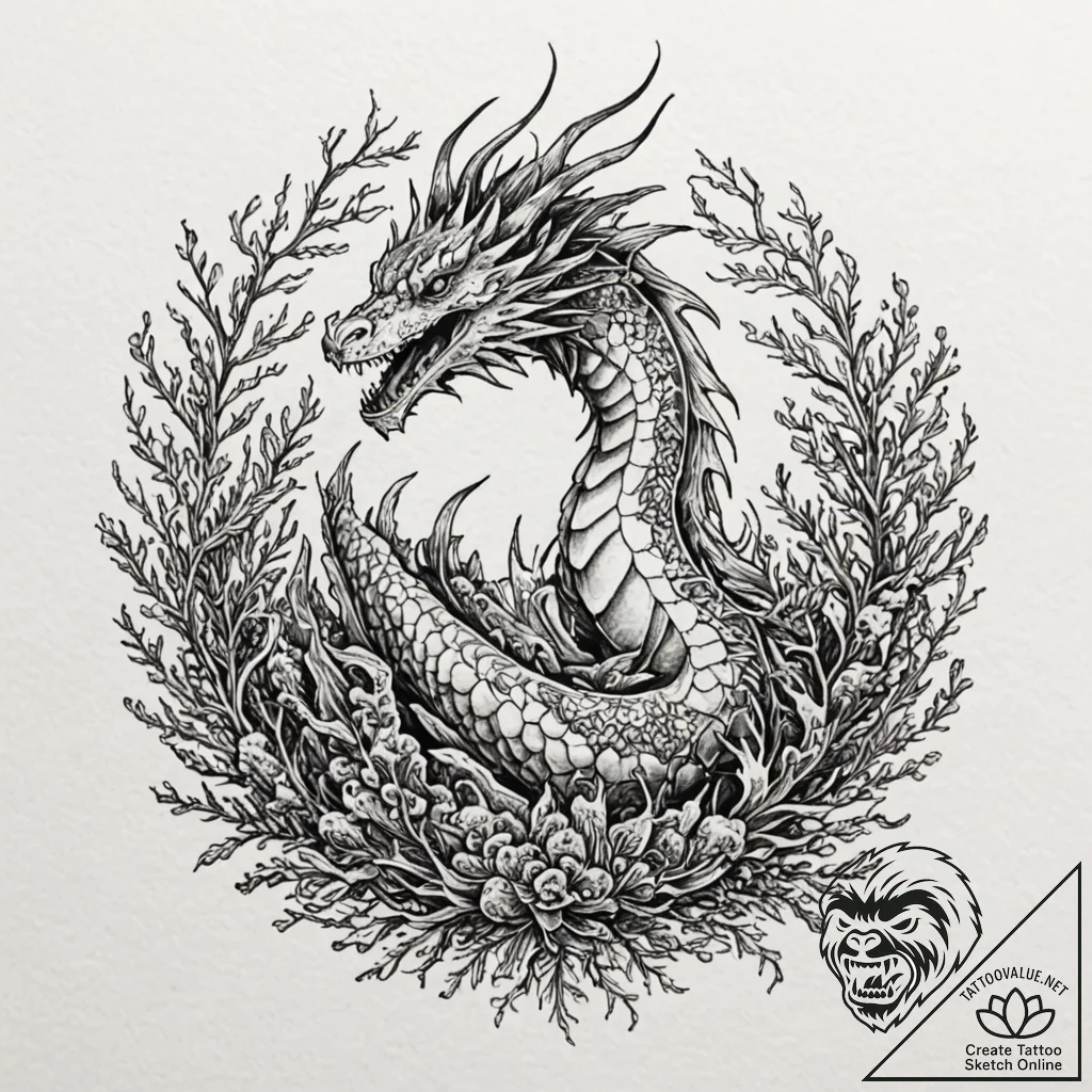 Aquatic dragon weaving through coral, artisti... - tattoo sketch (№1752519804_0, 14.07.2025 19:03) — tattoovalue.net