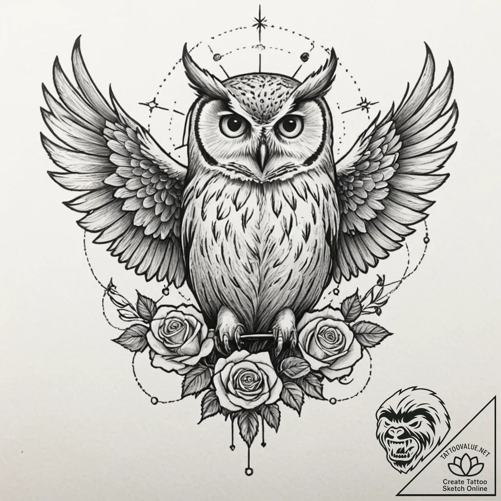 Owl with a key in its talons, wings spread to... - tattoo sketch (№1752519890_0, 14.07.2025 19:04) — tattoovalue.net