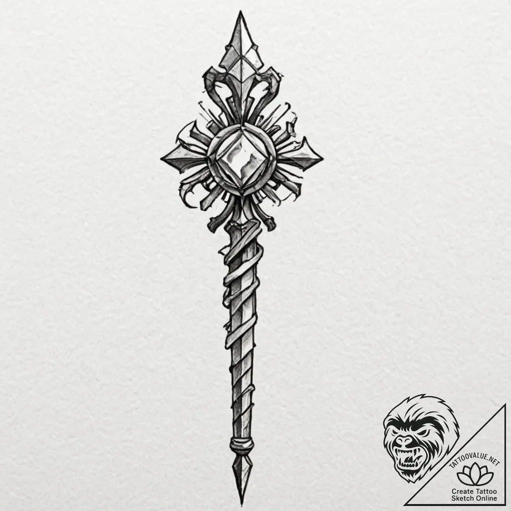 Corroded scepter with fractured gem, tattoo d... - tattoo sketch (№1752520318_0, 14.07.2025 19:11) — tattoovalue.net