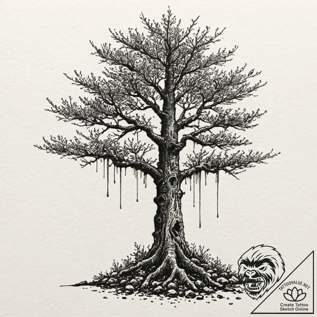 Walking tree (ent) with mossy bark, ink illus... - tattoo sketch (№1752520747_0, 14.07.2025 19:19) — tattoovalue.net