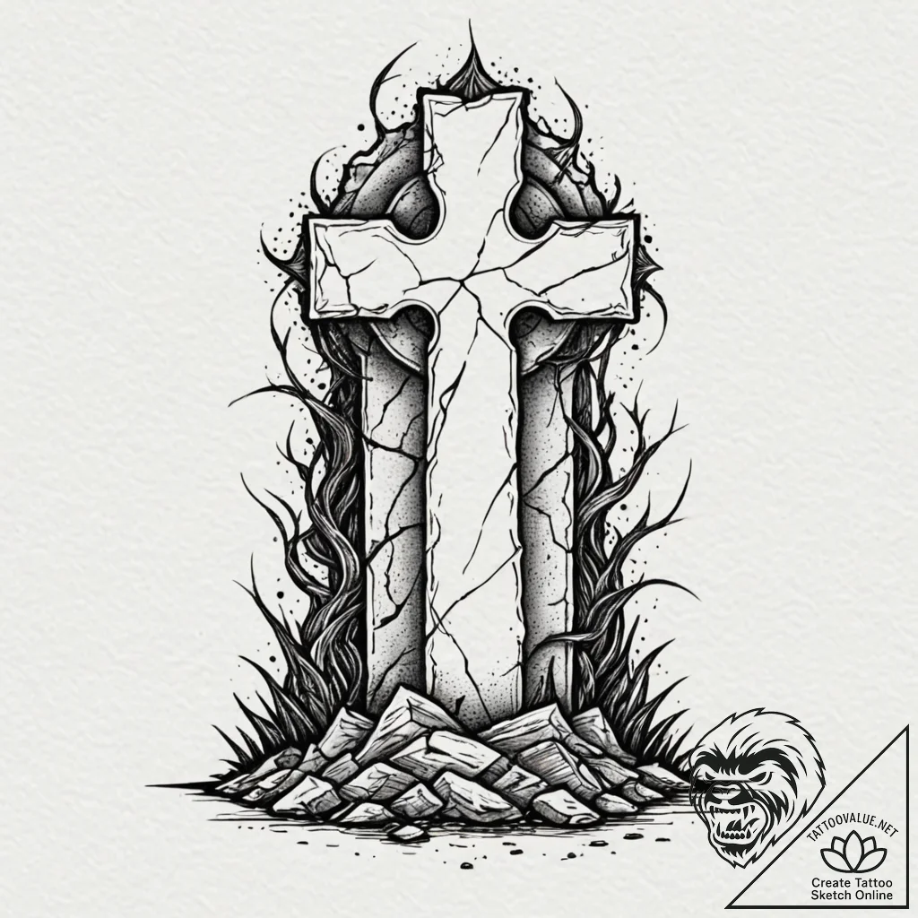 A detailed broken gravestone, forgotten,, con... - tattoo sketch (№1752520833_0, 14.07.2025 19:20) — tattoovalue.net