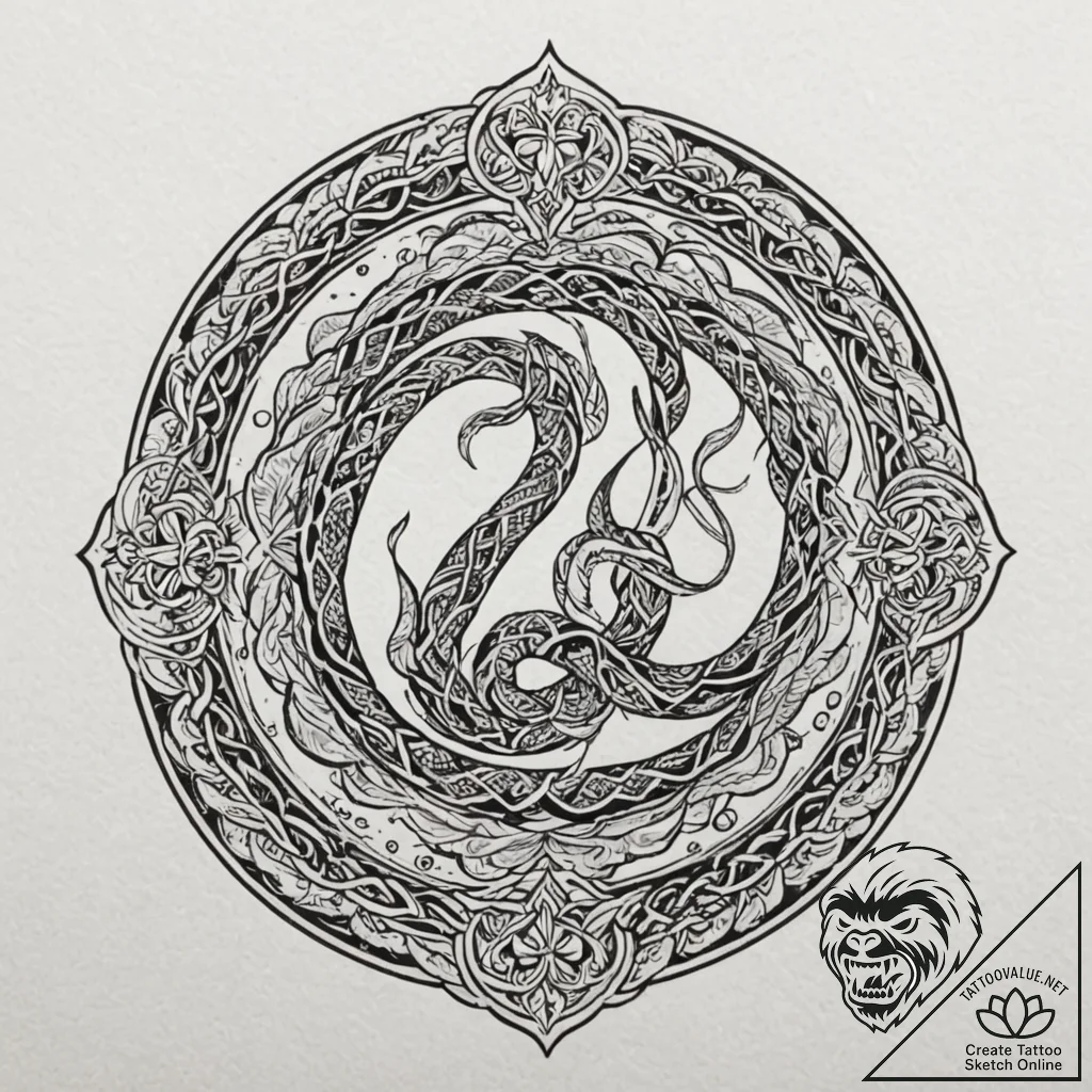 Knotwork serpent around celestial bloom, tatt... - tattoo sketch (№1752521005_0, 14.07.2025 19:23) — tattoovalue.net