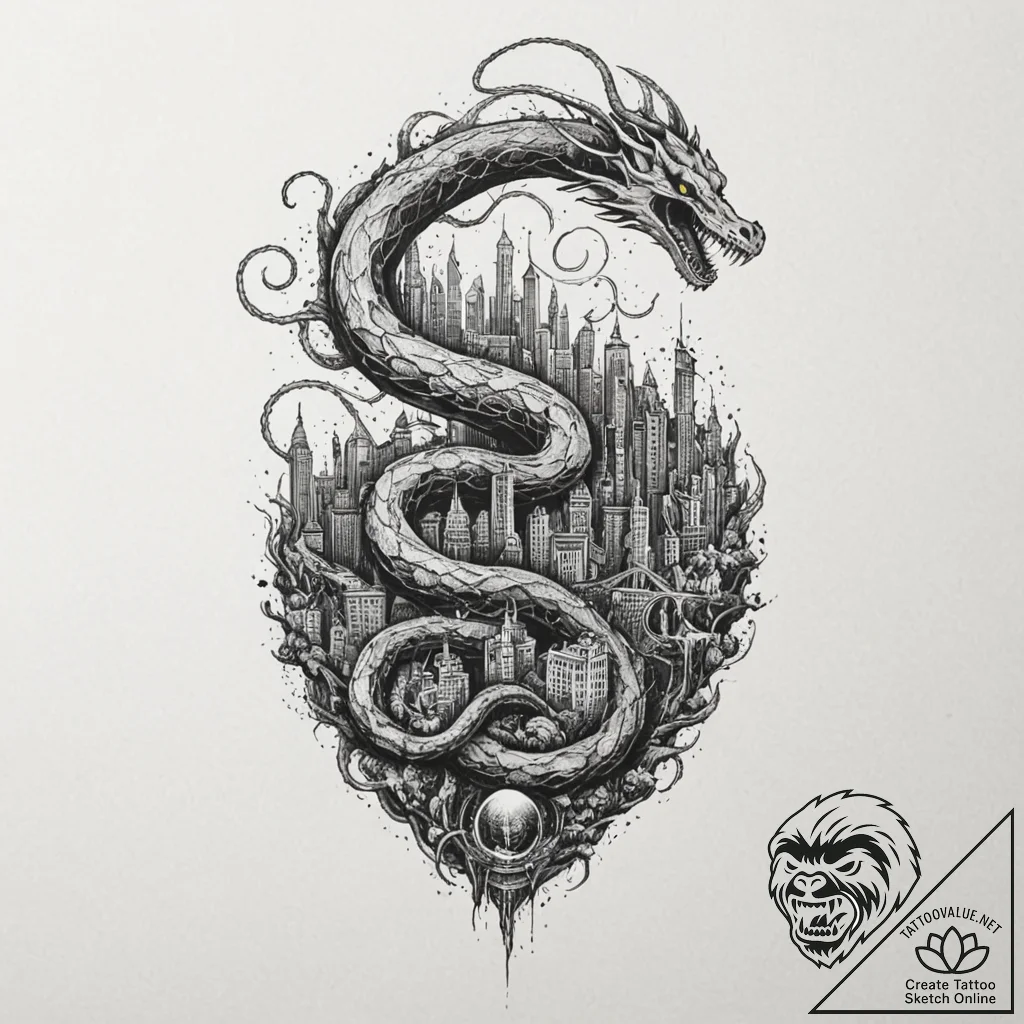 Apocalyptic serpent devouring city, tattoo sk... - tattoo sketch (№1752522453_0, 14.07.2025 19:47) — tattoovalue.net