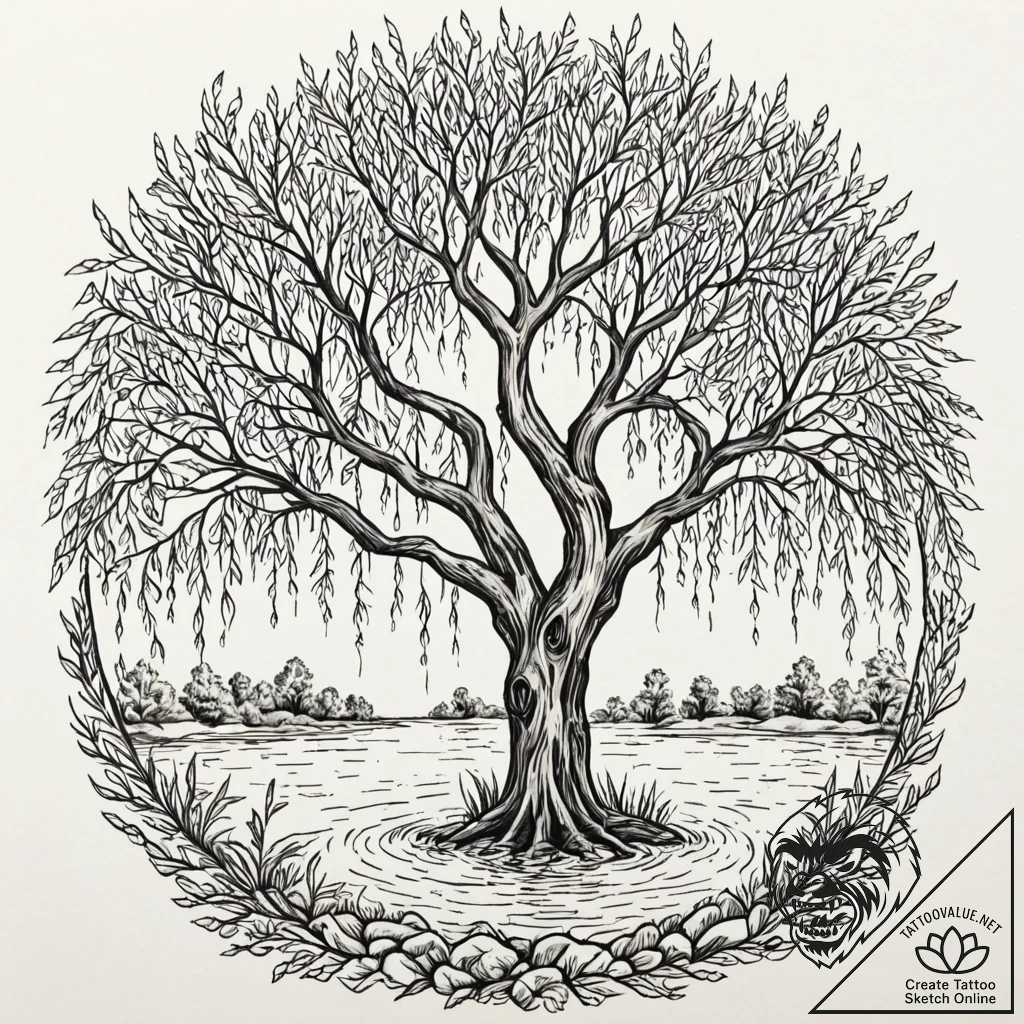 Weeping willow tree, its branches gently touc... - tattoo sketch (№1752522967_0, 14.07.2025 19:56) — tattoovalue.net