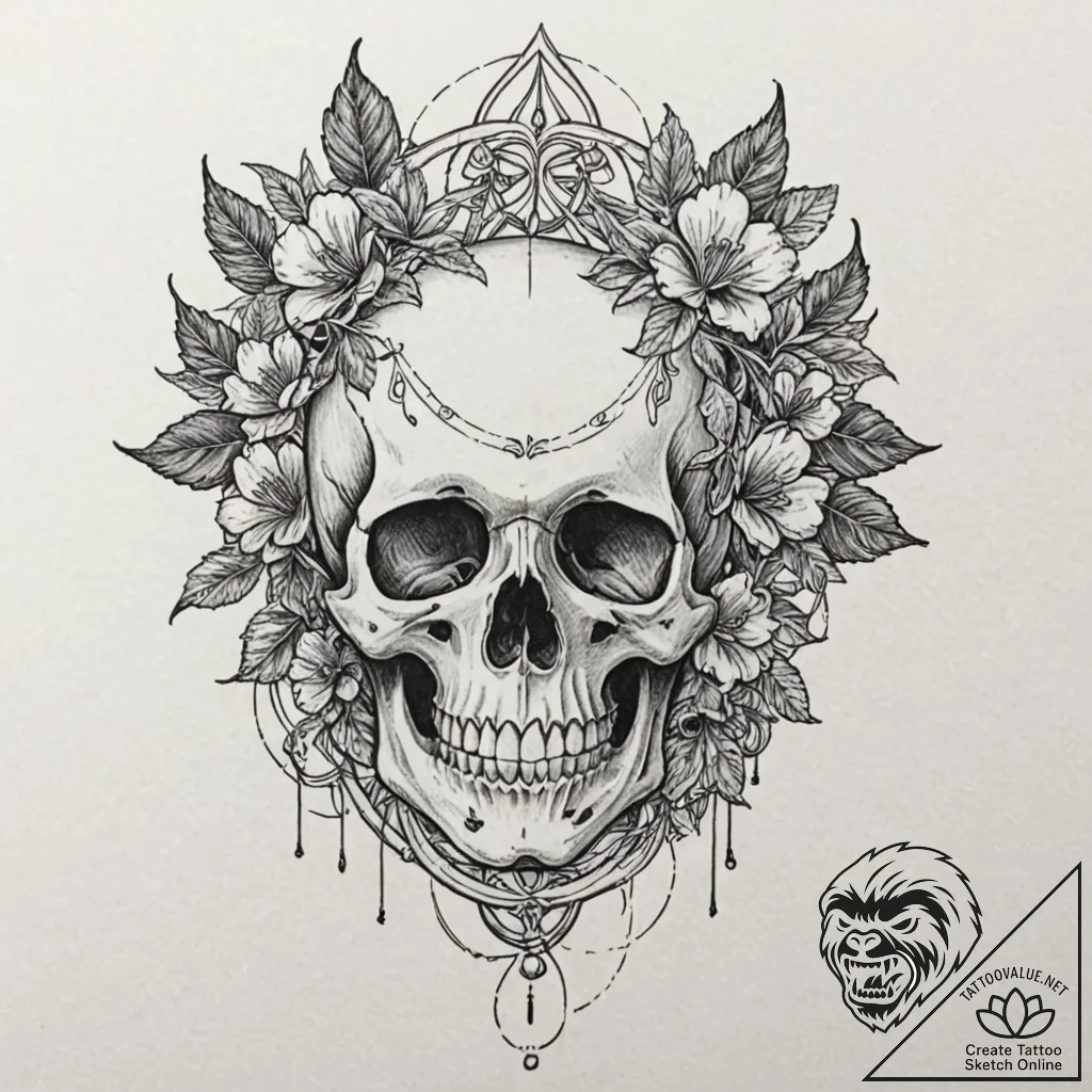 Nightshade blooming through skull, artistic t... - tattoo sketch (№1752580720_0, 15.07.2025 11:58) — tattoovalue.net