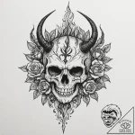 Rune-crowned mask devouring flame, ink illust… – tattoo sketch (№1752581142_0, 15.07.2025 12:05) — tattoovalue.net