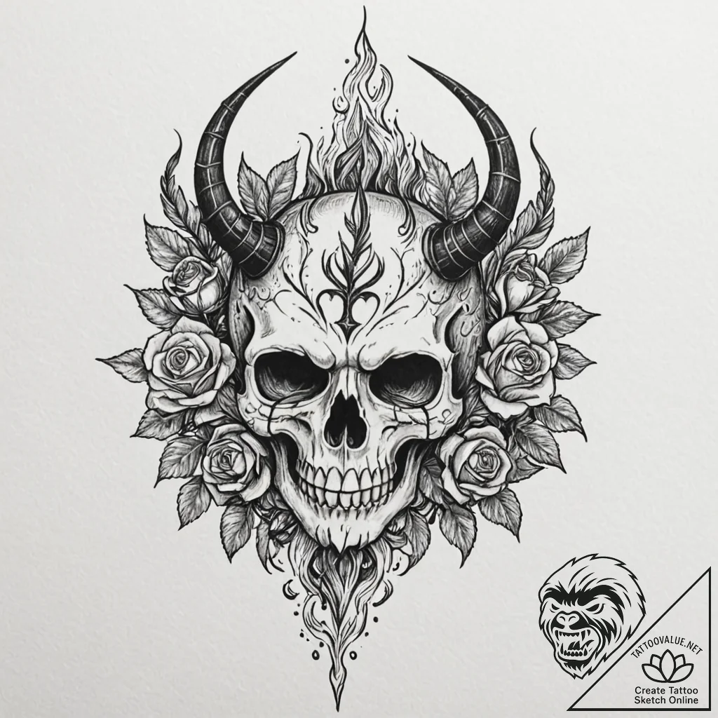 Rune-crowned mask devouring flame, ink illust... - tattoo sketch (№1752581142_0, 15.07.2025 12:05) — tattoovalue.net
