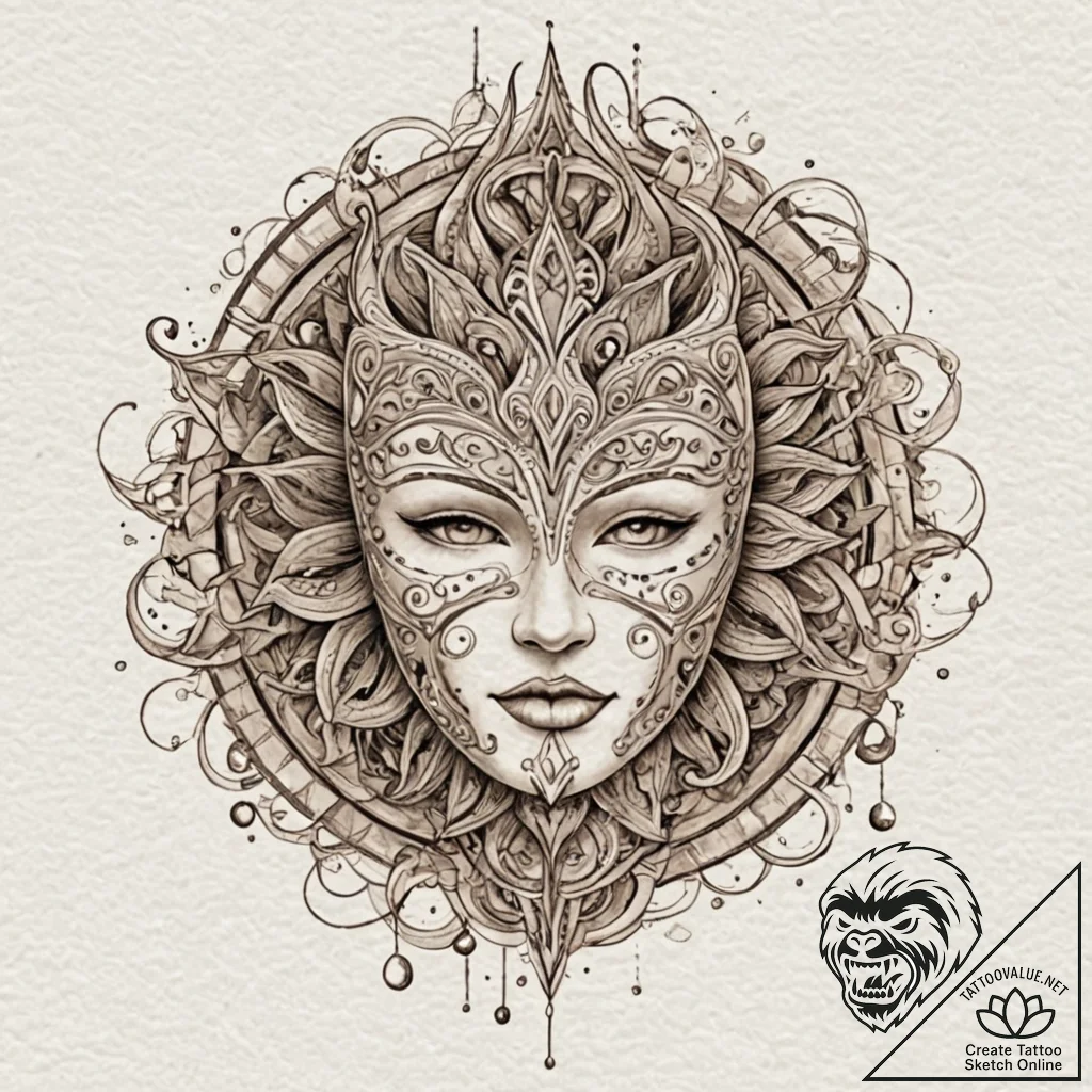 Ivory mask within ritual circle, tattoo drawi... - tattoo sketch (№1752581397_0, 15.07.2025 12:09) — tattoovalue.net