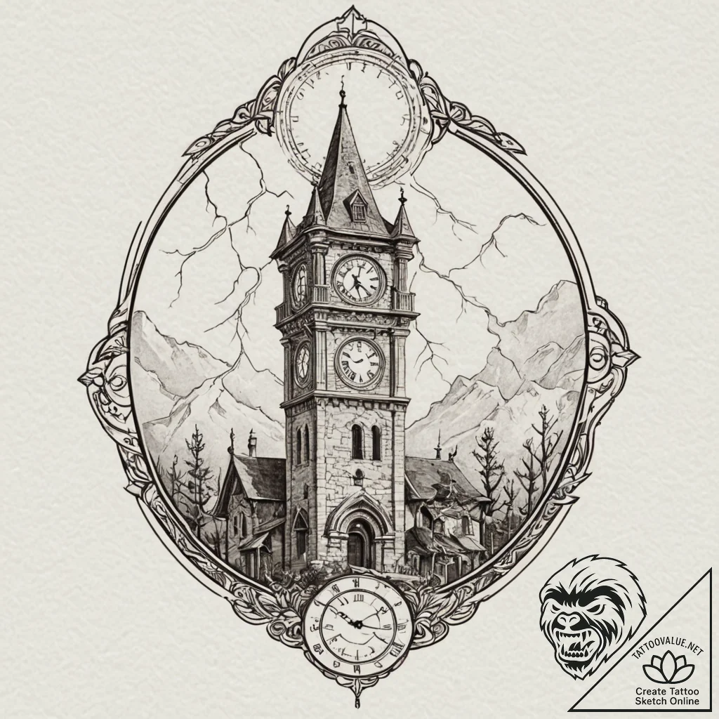 Clock tower struck by lightning at midnight,... - tattoo sketch (№1752581569_0, 15.07.2025 12:12) — tattoovalue.net
