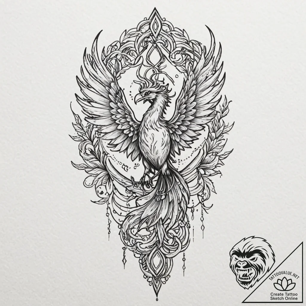 Animated phoenix chained to relic, tattoo fla... - tattoo sketch (№1752581995_0, 15.07.2025 12:19) — tattoovalue.net