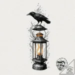Crow perched on burning lantern, artistic tat… – tattoo sketch (№1752583017_0, 15.07.2025 12:36) — tattoovalue.net