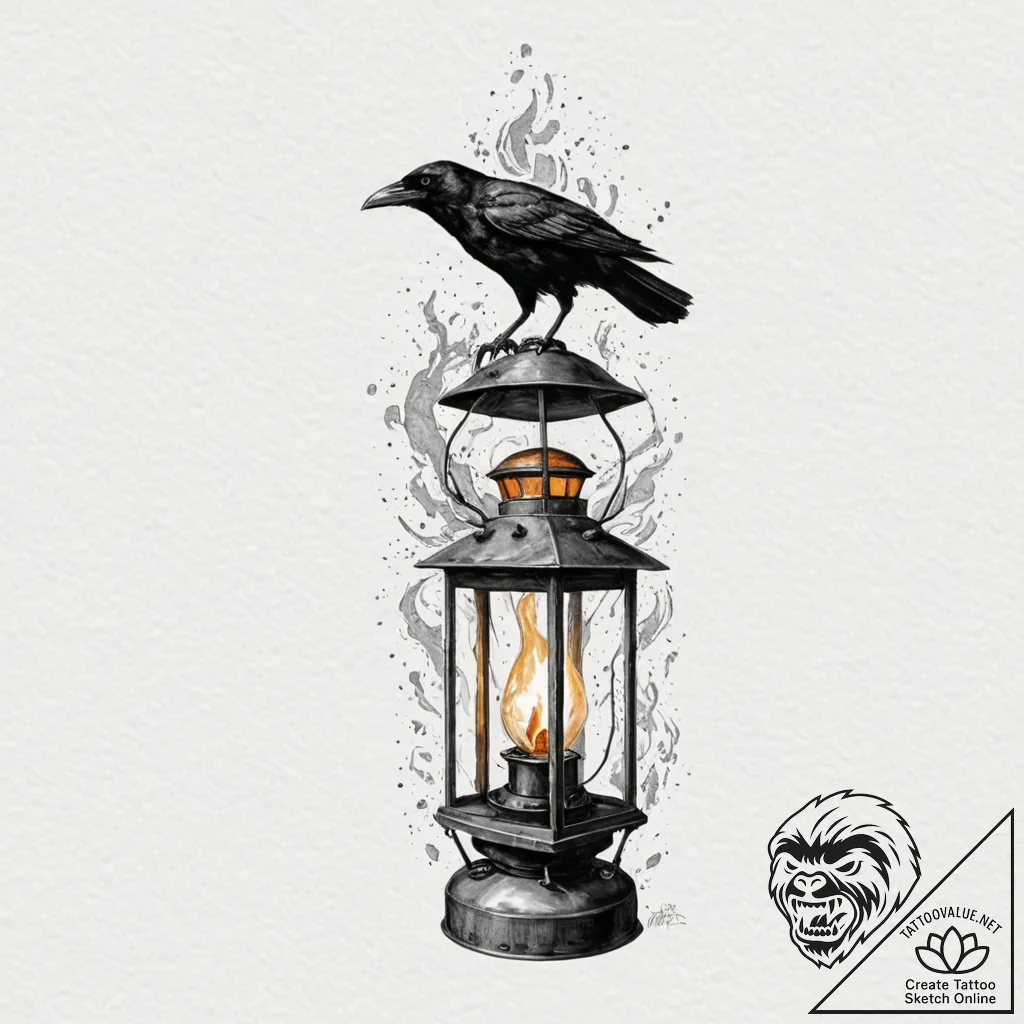 Crow perched on burning lantern, artistic tat... - tattoo sketch (№1752583017_0, 15.07.2025 12:36) — tattoovalue.net