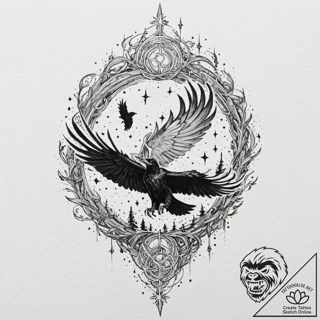 Raven beak devouring starlight, tattoo line a... - tattoo sketch (№1752586715_0, 15.07.2025 13:38) — tattoovalue.net