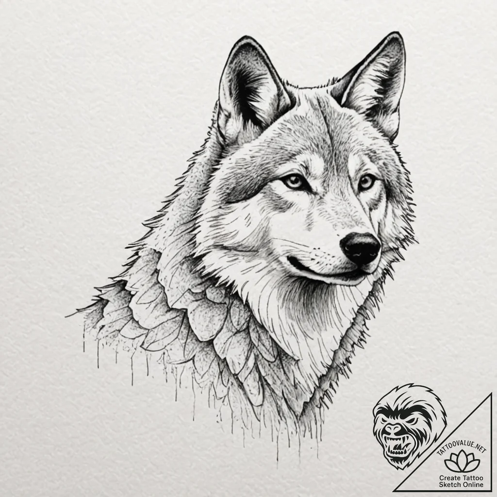 Ashen wolf with burned fur, ink illustration... - tattoo sketch (№1752586897_0, 15.07.2025 13:41) — tattoovalue.net