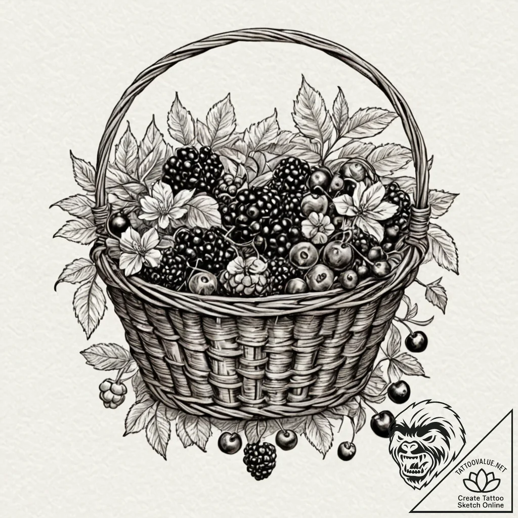 A beautiful basket of fresh berries, realisti... - tattoo sketch (№1752587560_0, 15.07.2025 13:52) — tattoovalue.net