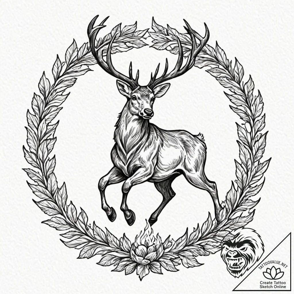 Burning stag leaping through ring of fire, ta... - tattoo sketch (№1752587901_0, 15.07.2025 13:58) — tattoovalue.net